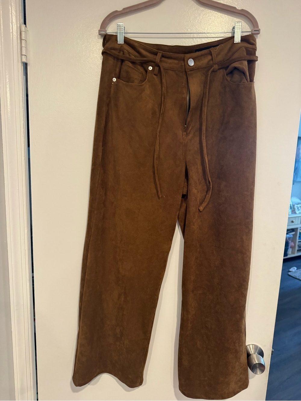 Blank NYC Brown faux suede Wide-Leg women’s Pants with thin drawstring belt -30